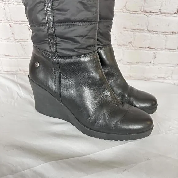 UGG Australia Black Leather Leona Quilted Foldover Wedge Knee-High Boots