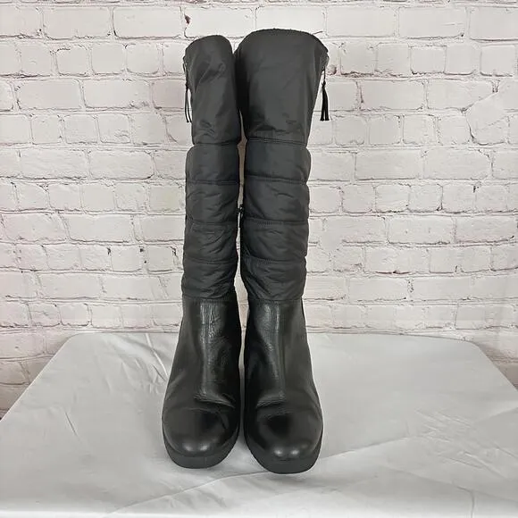 UGG Australia Black Leather Leona Quilted Foldover Wedge Knee-High Boots