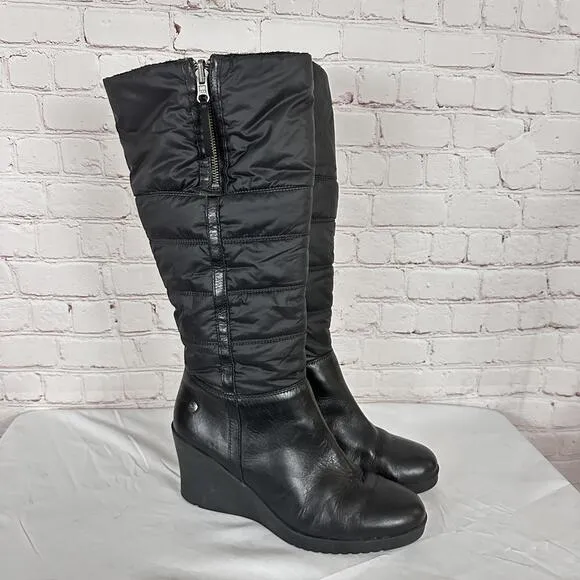 UGG Australia Black Leather Leona Quilted Foldover Wedge Knee-High Boots