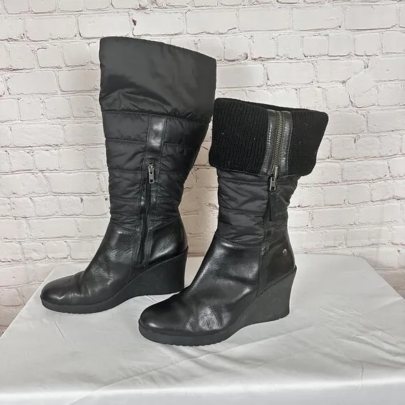 UGG Australia Black Leather Leona Quilted Foldover Wedge Knee-High Boots