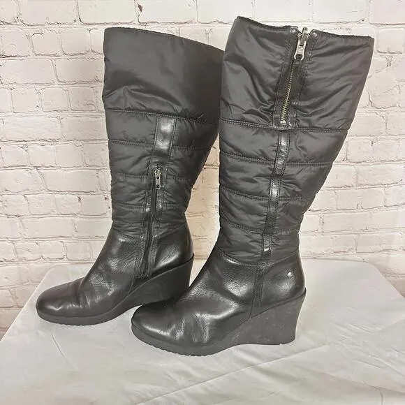 UGG Australia Black Leather Leona Quilted Foldover Wedge Knee-High Boots