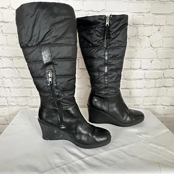 UGG Australia Black Leather Leona Quilted Foldover Wedge Knee-High Boots