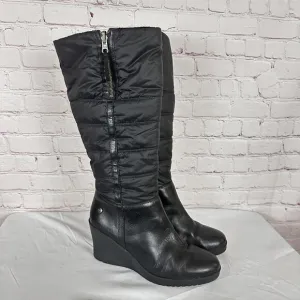 UGG Australia Black Leather Leona Quilted Foldover Wedge Knee-High Boots