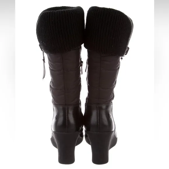 UGG Australia Black Leather Leona Quilted Puff Fold Over Wedge Boots Size 10
