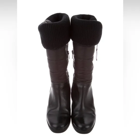 UGG Australia Black Leather Leona Quilted Puff Fold Over Wedge Boots Size 10