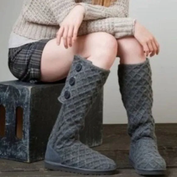 UGG Australia Classic Sweater‎ Knit Lattice Wool Cardy Boots Gray Size 7