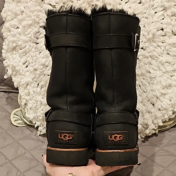 UGG Black Winter Biker Style Boots with Furry Lining and Buckle Detail