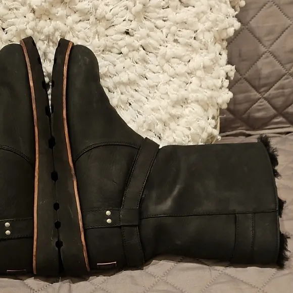 UGG Black Winter Biker Style Boots with Furry Lining and Buckle Detail