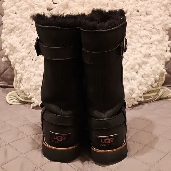UGG Black Winter Biker Style Boots with Furry Lining and Buckle Detail