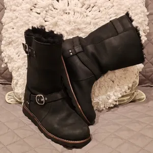 UGG Black Winter Biker Style Boots with Furry Lining and Buckle Detail