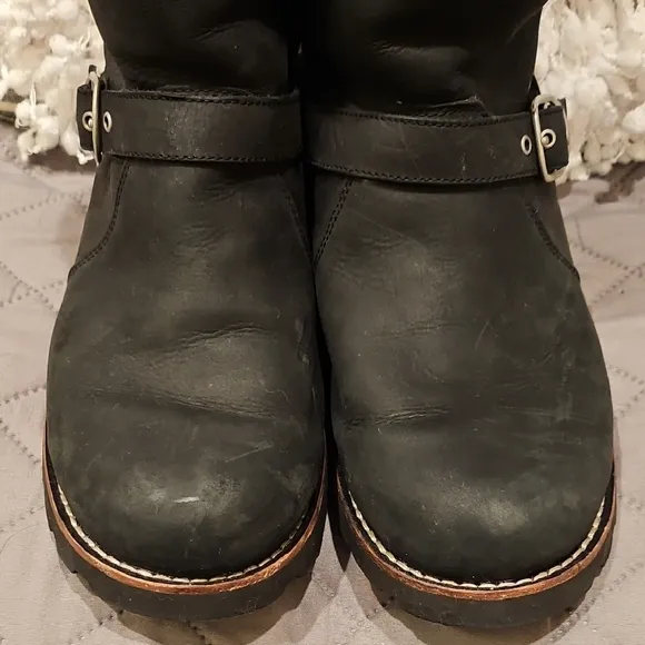 UGG Black Winter Biker Style Boots with Furry Lining and Buckle Detail