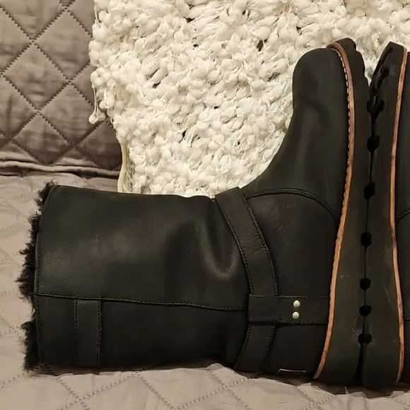 UGG Black Winter Biker Style Boots with Furry Lining and Buckle Detail
