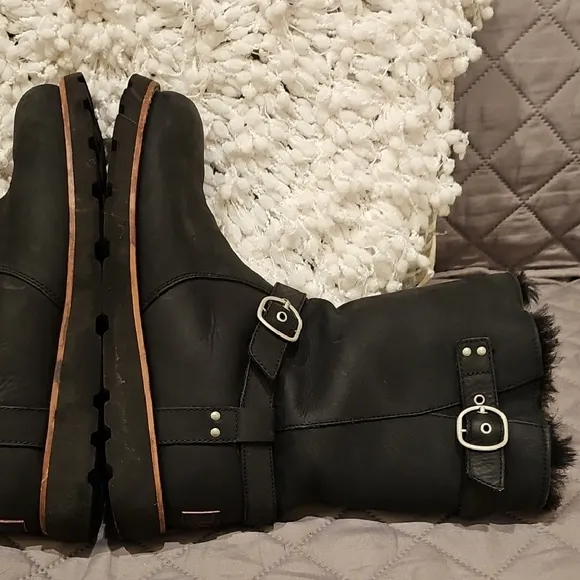 UGG Black Winter Biker Style Boots with Furry Lining and Buckle Detail