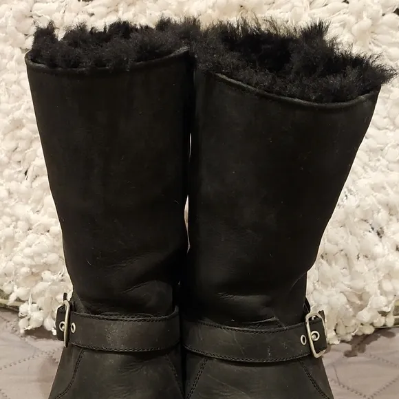 UGG Black Winter Biker Style Boots with Furry Lining and Buckle Detail