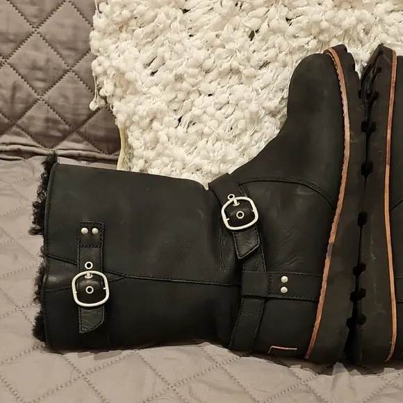 UGG Black Winter Biker Style Boots with Furry Lining and Buckle Detail