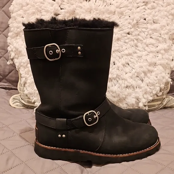 UGG Black Winter Biker Style Boots with Furry Lining and Buckle Detail