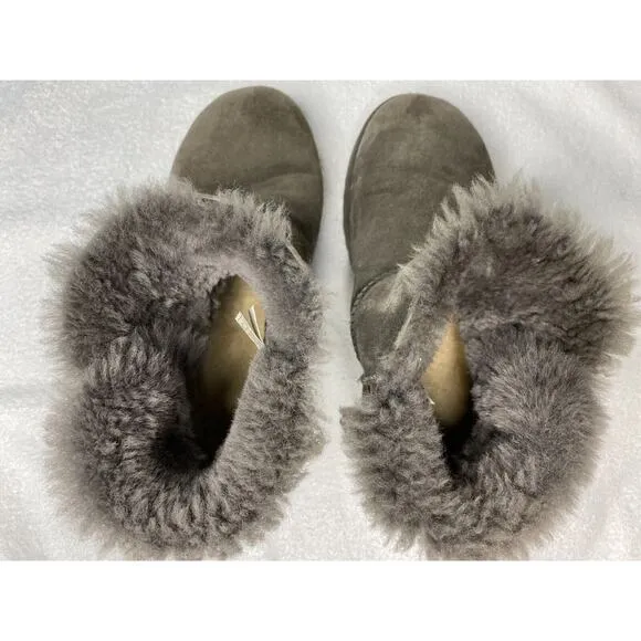 UGG Classic Mini Bailey Button Boots Women's 9 Bling Gray Sheepskin Suede Fur