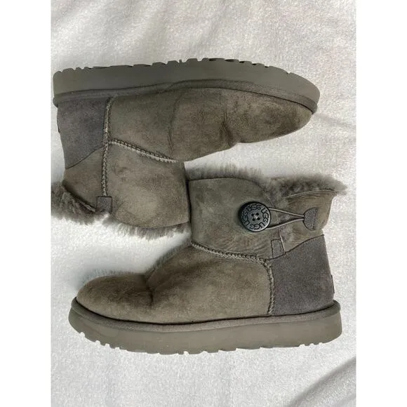 UGG Classic Mini Bailey Button Boots Women's 9 Bling Gray Sheepskin Suede Fur