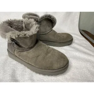 UGG Classic Mini Bailey Button Boots Women's 9 Bling Gray Sheepskin Suede Fur