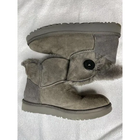 UGG Classic Mini Bailey Button Boots Women's 9 Bling Gray Sheepskin Suede Fur