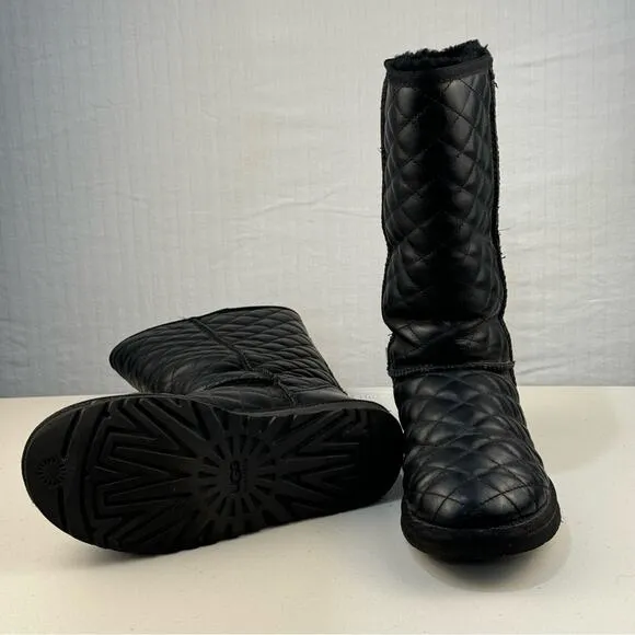 UGG Classic Short II Diamond Quilted Black Leather Boots Women’s Size 6 EUR 37