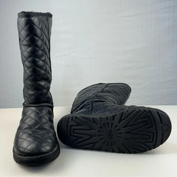 UGG Classic Short II Diamond Quilted Black Leather Boots Women’s Size 6 EUR 37