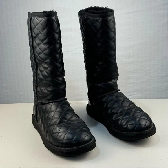 UGG Classic Short II Diamond Quilted Black Leather Boots Women’s Size 6 EUR 37