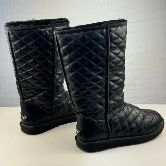 UGG Classic Short II Diamond Quilted Black Leather Boots Women’s Size 6 EUR 37