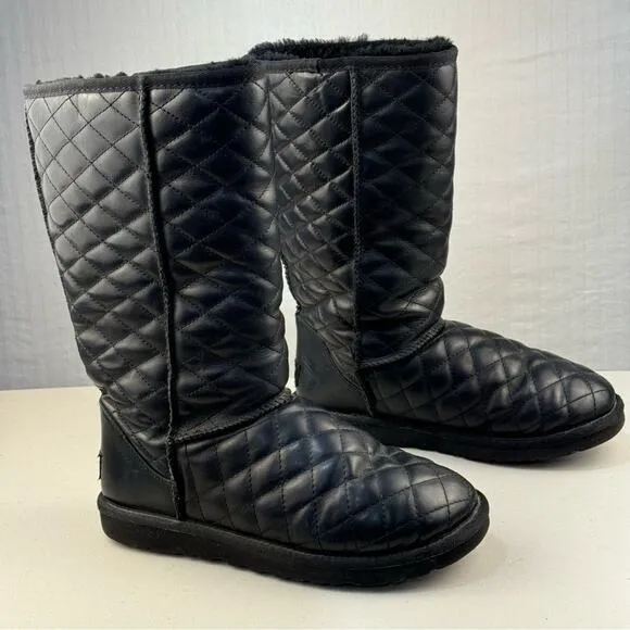 UGG Classic Short II Diamond Quilted Black Leather Boots Women’s Size 6 EUR 37