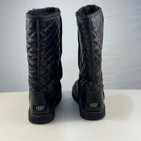 UGG Classic Short II Diamond Quilted Black Leather Boots Women’s Size 6 EUR 37