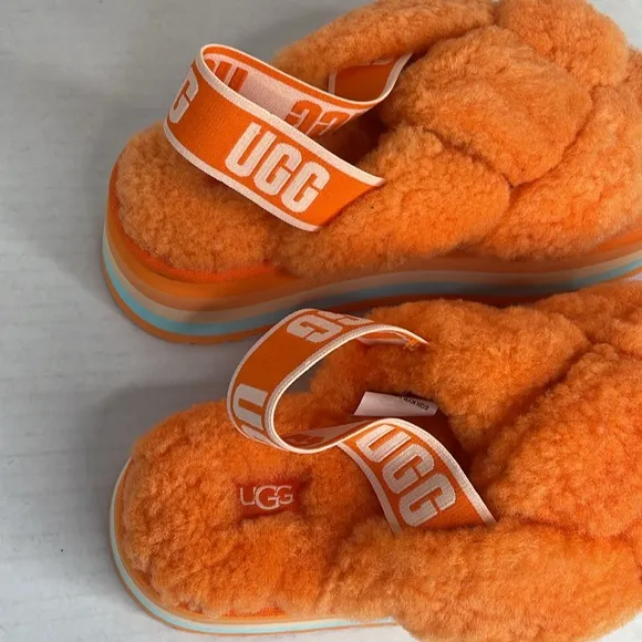 UGG Disco Knott Orange sheepskin platform slides