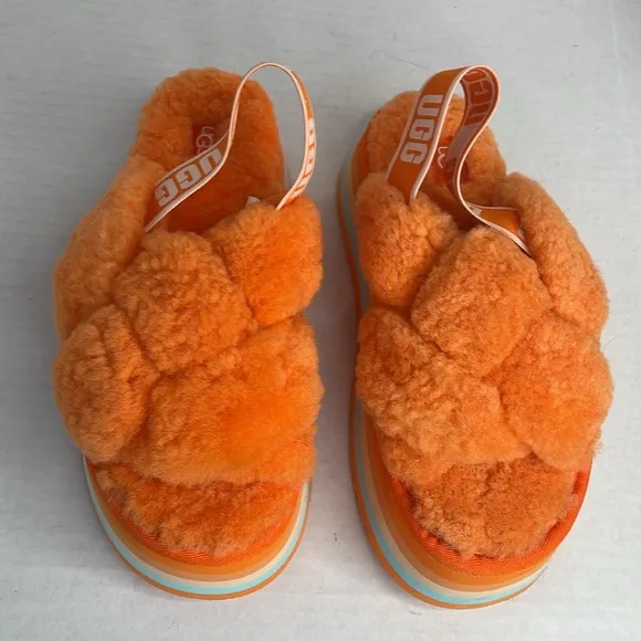 UGG Disco Knott Orange sheepskin platform slides