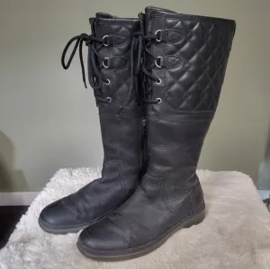 Ugg Elsa Quilted Leather Knee High Waterproof Boots Black Size 9 Lace Up Rain