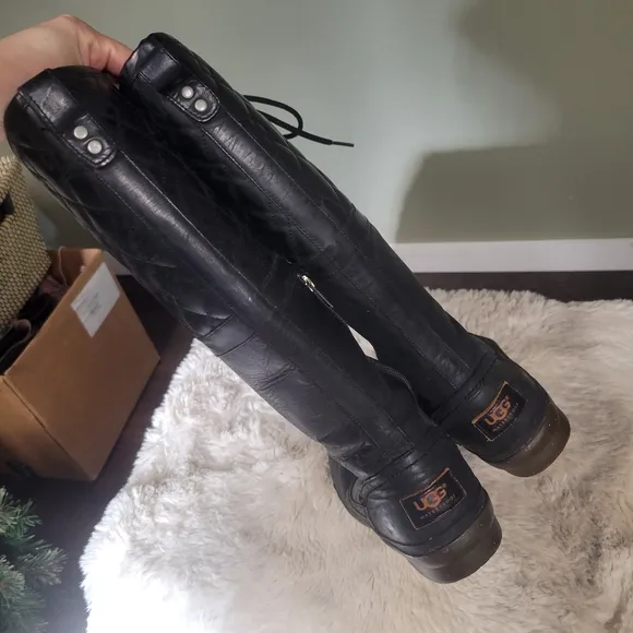Ugg Elsa Quilted Leather Knee High Waterproof Boots Black Size 9 Lace Up Rain