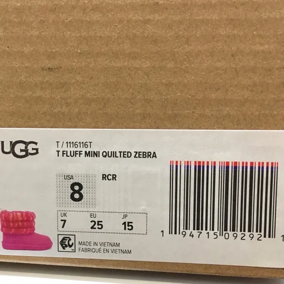 UGG Fluff Mini Quilted Zebra Boots -Rock Rose Sheepskin -Little Kids US 8 -NEW