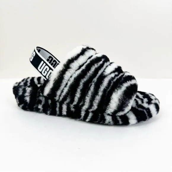 UGG Fluff Yeah Slides Womens 8 Black White Zebra Print Fur