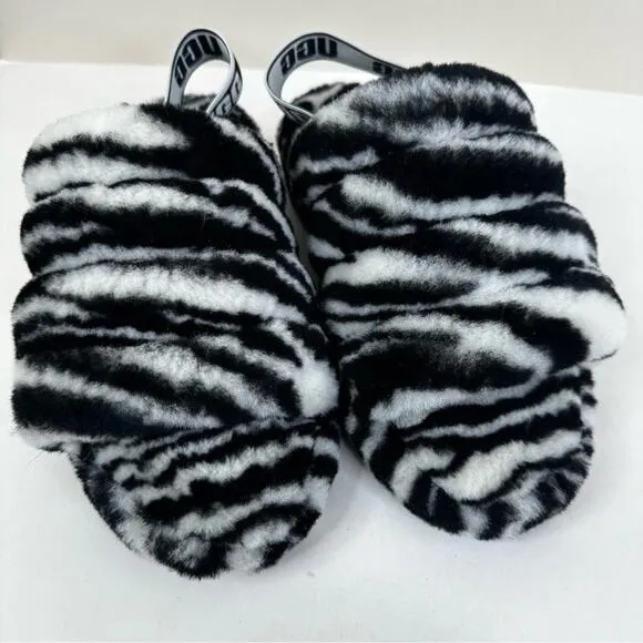 UGG Fluff Yeah Slides Womens 8 Black White Zebra Print Fur
