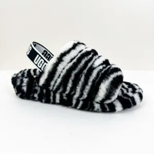 UGG Fluff Yeah Slides Womens 8 Black White Zebra Print Fur
