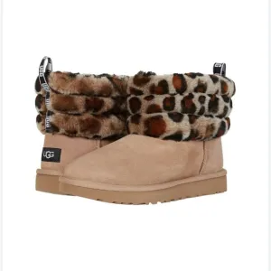 UGG Leopard Fluff mini quilted leopard boots, size 7