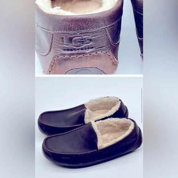 UGG Men's Ascot dark Brown Leather slippers! Pre-loved condition; Size