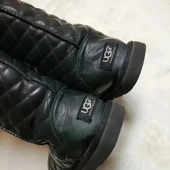 Ugg Tall Leather Quilted Diamond Boots Black Size 5 Limited Edition Rare