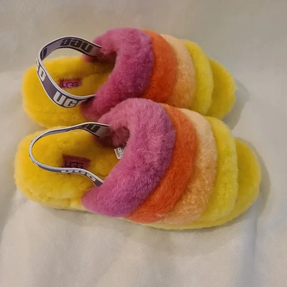 UGG Unisex Pride Fluffy Yeah Slides in Pride Rainbow Yellow