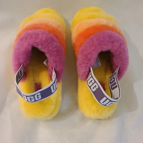 UGG Unisex Pride Fluffy Yeah Slides in Pride Rainbow Yellow