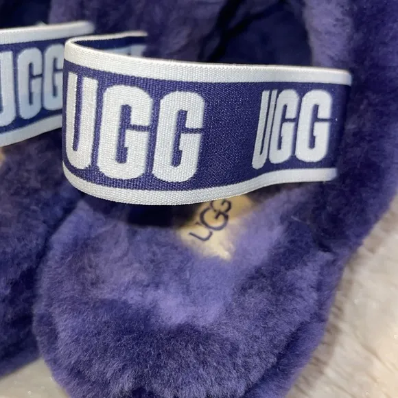 UGG Woman’s Fluff Yeah Sheepskin Slides Medallion Purple Elastic Strap size 5