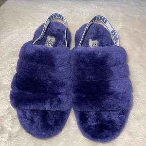 UGG Woman’s Fluff Yeah Sheepskin Slides Medallion Purple Elastic Strap size 5