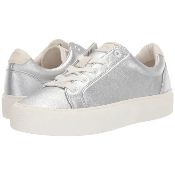 UGG ZILO Metallic Silver Leather Sneakers Trainers COMFORTABLE FLAT SHOE 9.5
