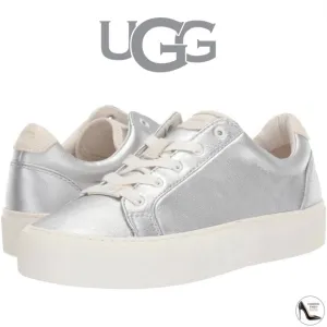 UGG ZILO Metallic Silver Leather Sneakers Trainers COMFORTABLE FLAT SHOE 9.5