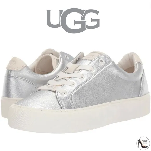 UGG ZILO Metallic Silver Leather Sneakers Trainers COMFORTABLE FLAT SHOE 9.5