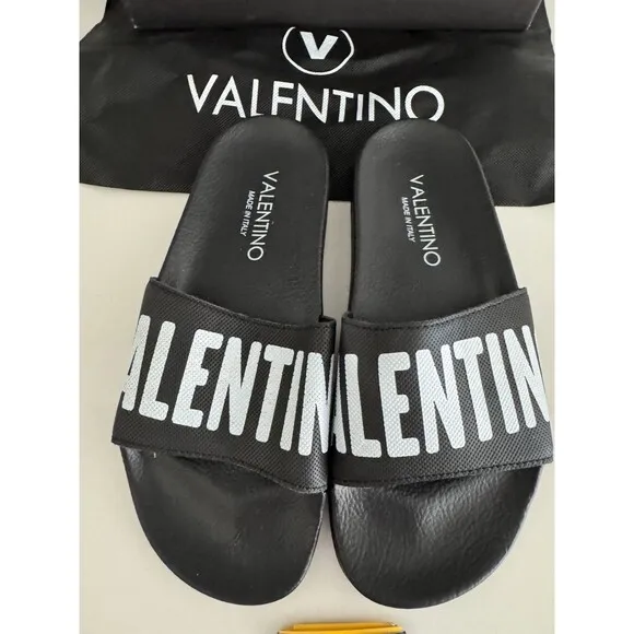 VALENTINO Black Stripe Contrast Irene Slip On Slide Sandal Designer MP$300 Sz 6