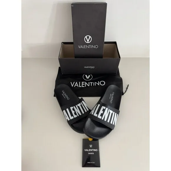 VALENTINO Black Stripe Contrast Irene Slip On Slide Sandal Designer MP$300 Sz 6
